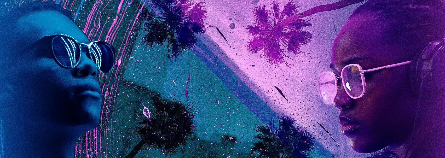 Two attendees in neon blue and magenta light against palm trees — Black L.A. Tech Week key art